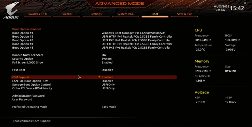 Отключение Gigabyte UEFI CSM support
